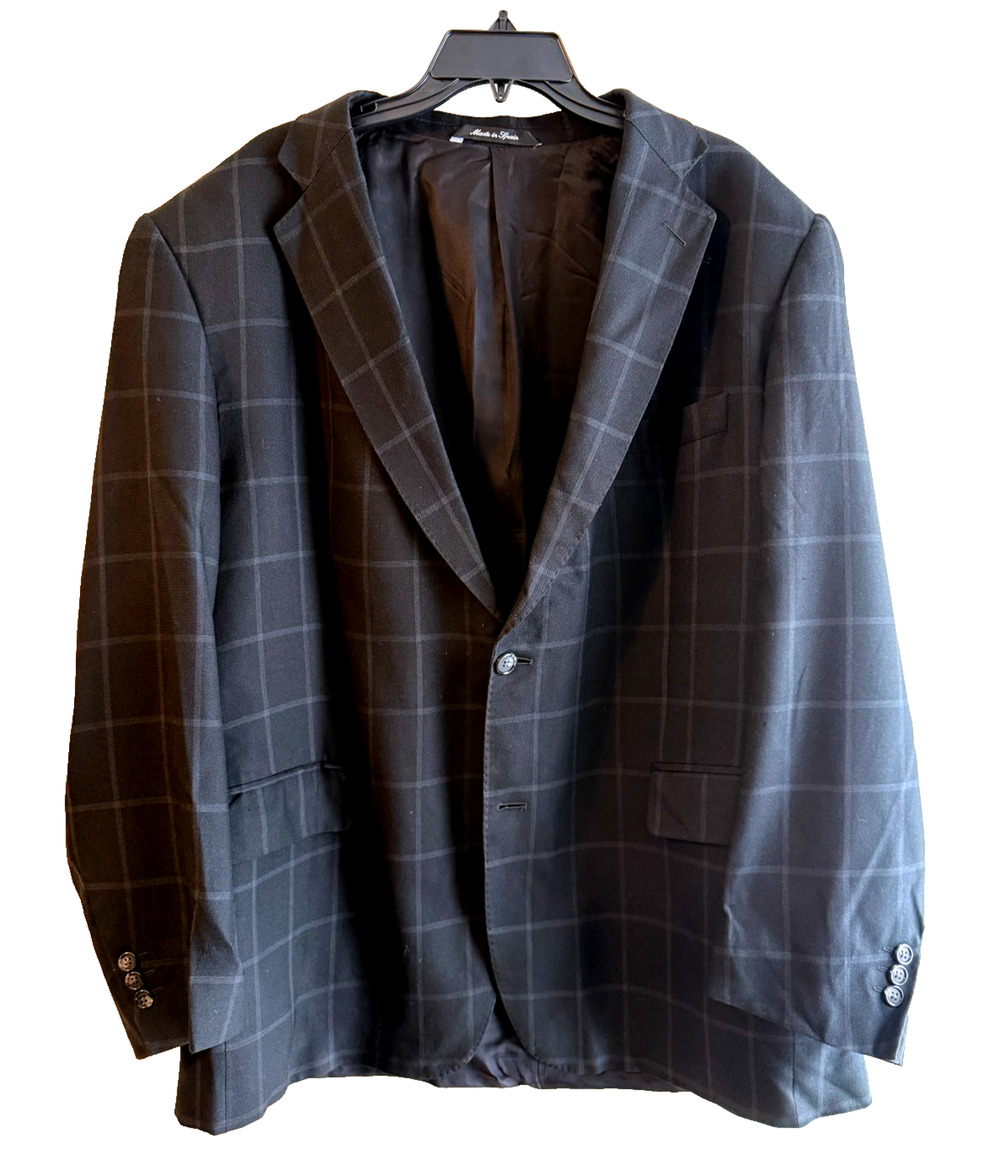 Emilio Yuste Black Plaid Silk wool Blazer spain England Size 48R Career Business